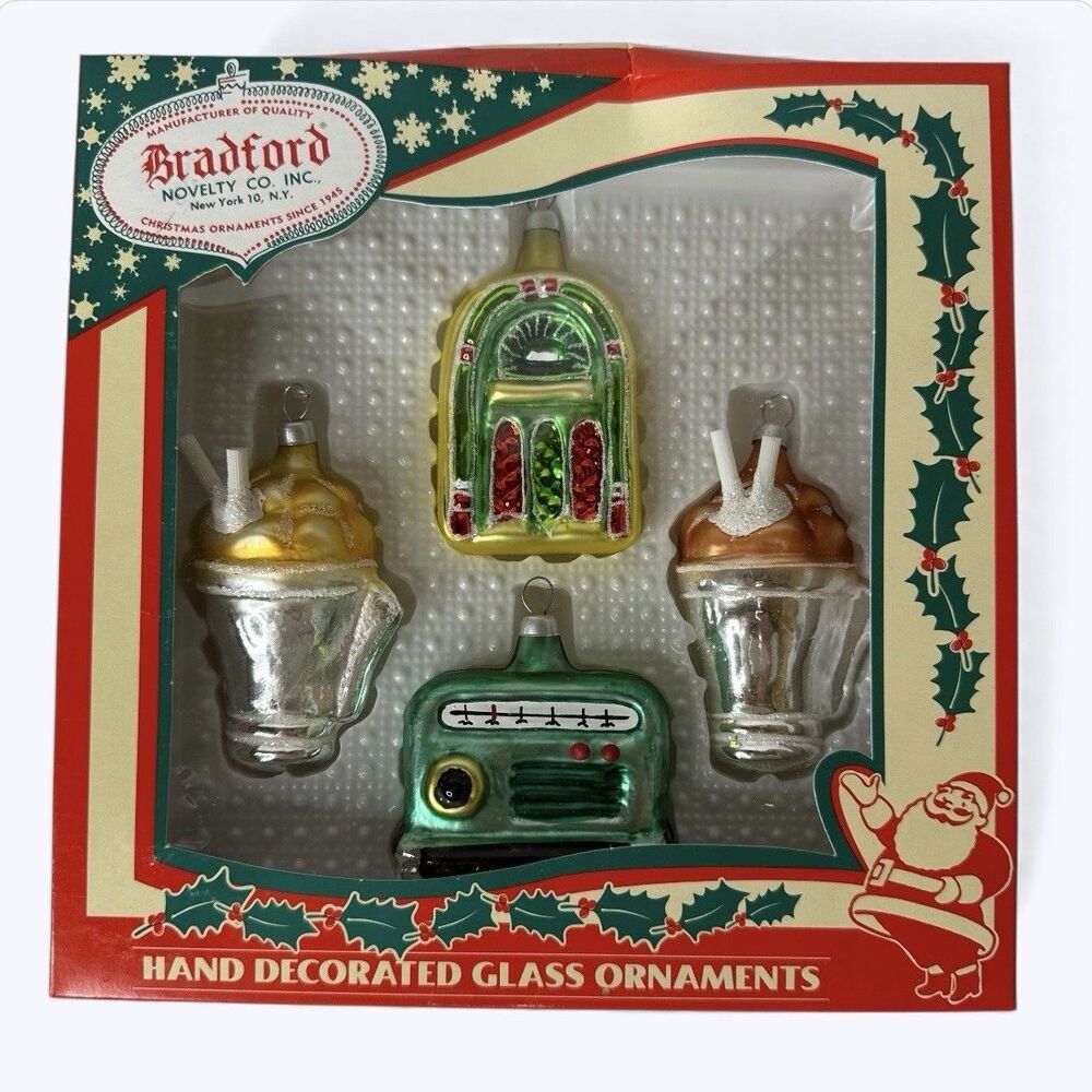 Vtg Bradford Novelty 4 Glass Soda Shop Ornaments Retro Christmas Hand Decorated